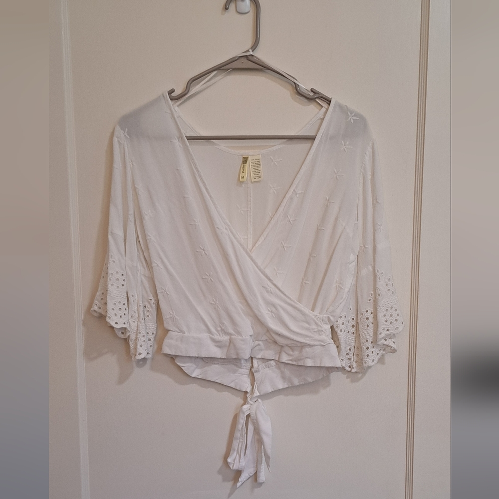 Japna Women’s Wrap Surplice Bell Sleeve Crop Top White Size Medium